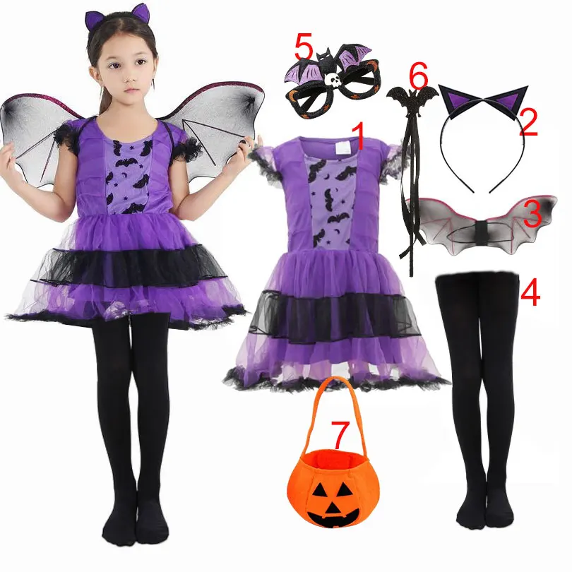 Happy Halloweew Costume for Toddler Girl Bat Dress up with Wings and Headband Kid All Saint's Day Festival Apparel Purim Cosplay