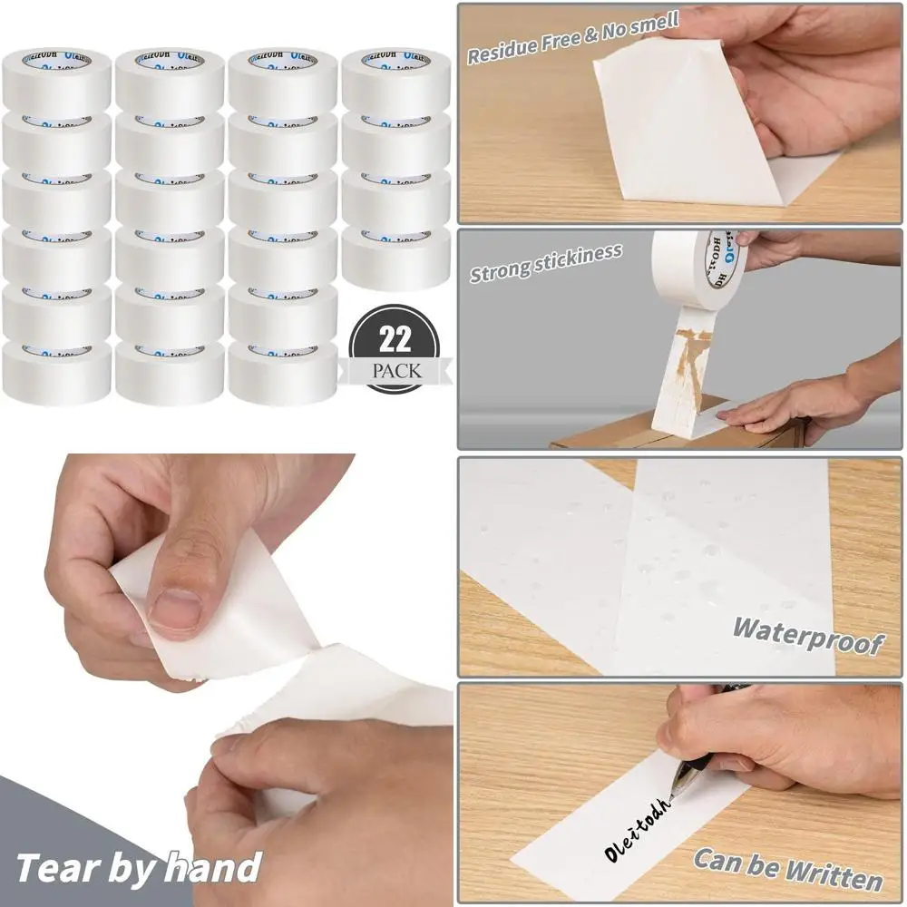 

22 рулона белой клейкой ленты - 660 ярдов x 2 дюйма, сверхпрочная, не оставляющая следов, всепогодная, легко рвется, многоцелевая, для внутреннего и наружного использования