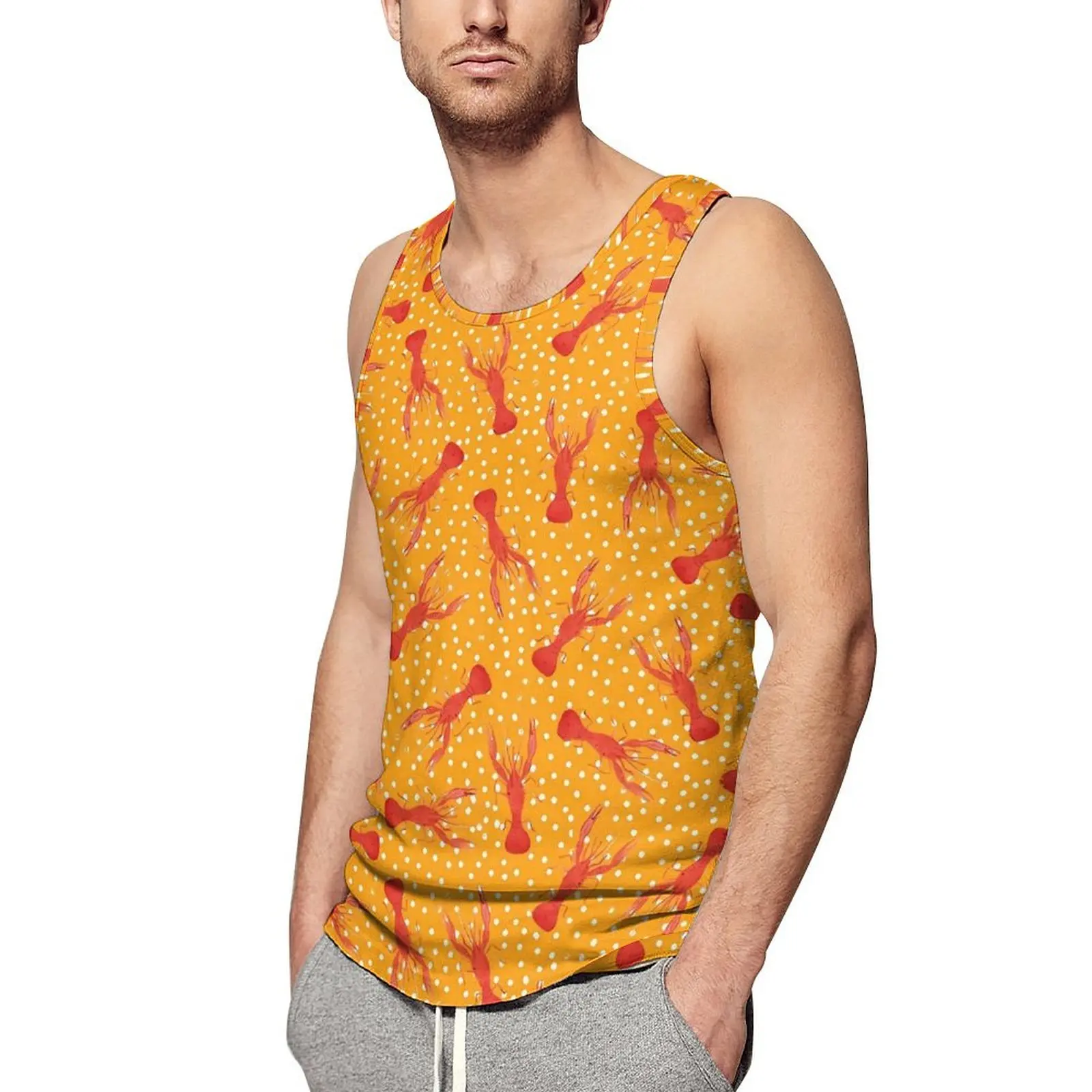 Red Lobster Tank Top Yellow With White Polka Dots Muscle Tops Summer Gym Men Custom Sleeveless Shirts Plus Size