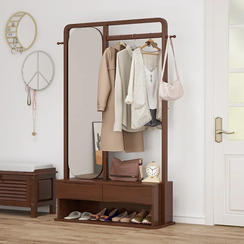 

Simple modern wardrobe Solid wood coat rack Multifunctional integrated simple shelf with mirror Household shoe cabinet