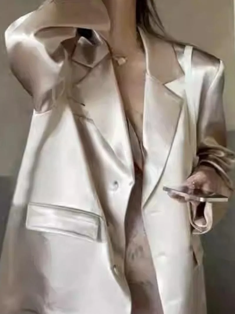 

ROUJE KEFSS Champagne Color Silk Satin Women's Suit Jacket High Quality Vintage Style Fashionable Outerwear for Women