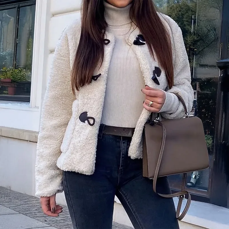 Femmes automne et hiver décontracté en peluche poche corne bouton à manches longues manteau veste chaude