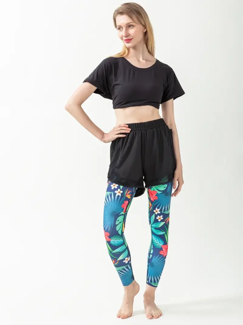 2 In 1 Yoga Leggings, Tropical Floral Pattern High Stretch Workout Cycling Leggings & Mesh Pockets Shorts, Women's Activewear