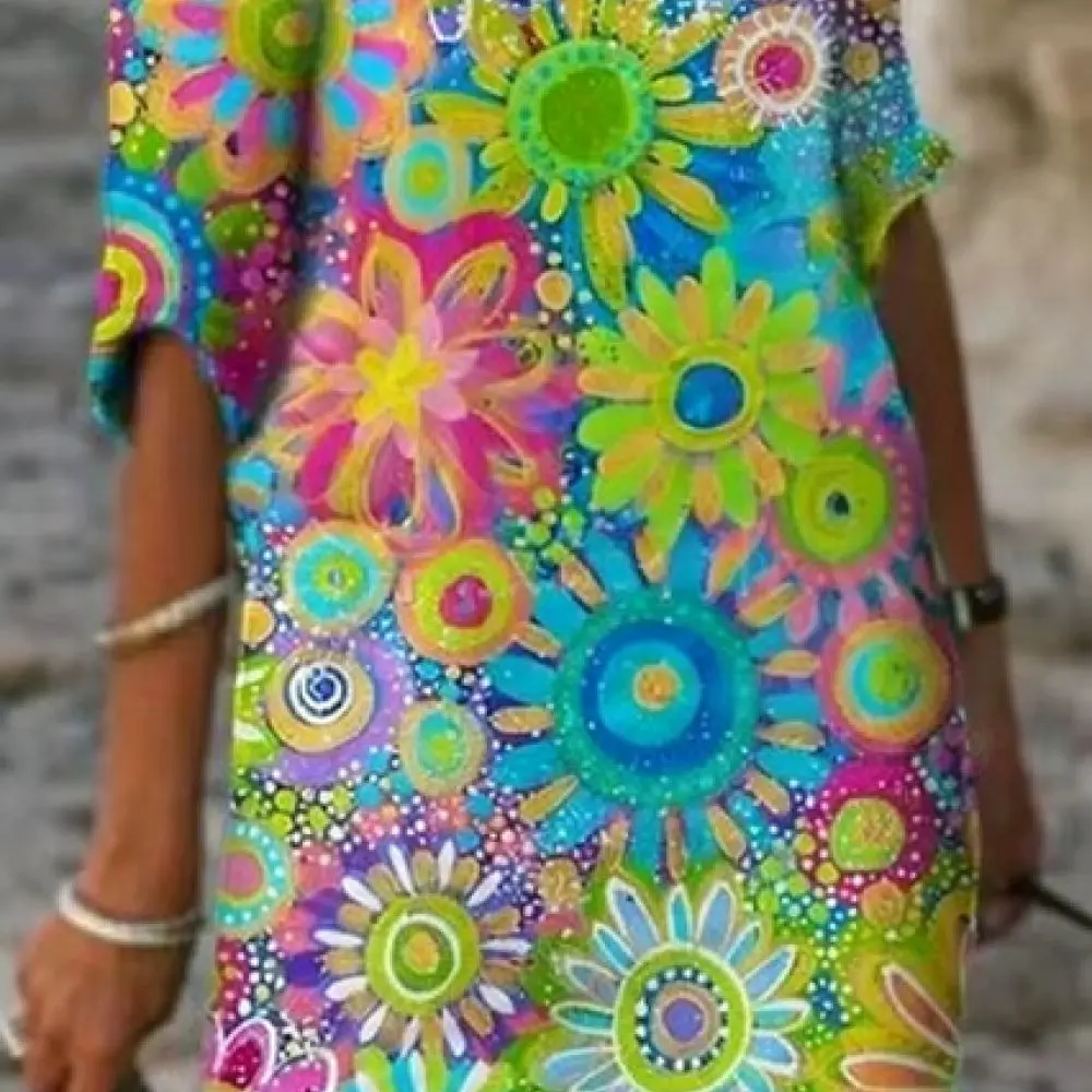 Elegant Floral Midi Dress Women Summer V Neck Short Sleeve Casual Fashion Loose Breathable Soft Polyester Daily Party Apparel