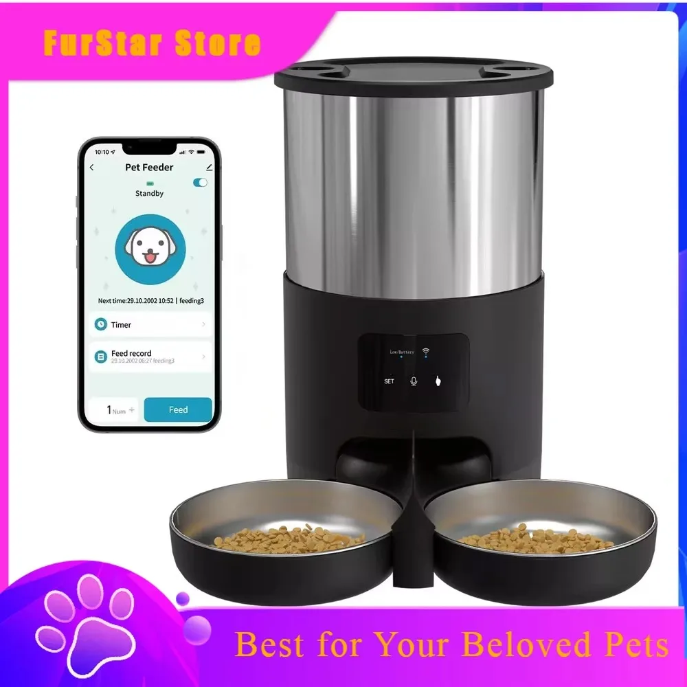 FurStar4.5L WiFi Pet Feeder Automatic Cat Food Dispenser With Stainless Steel Bowls Remote Control Via APP For Cats And Dogs