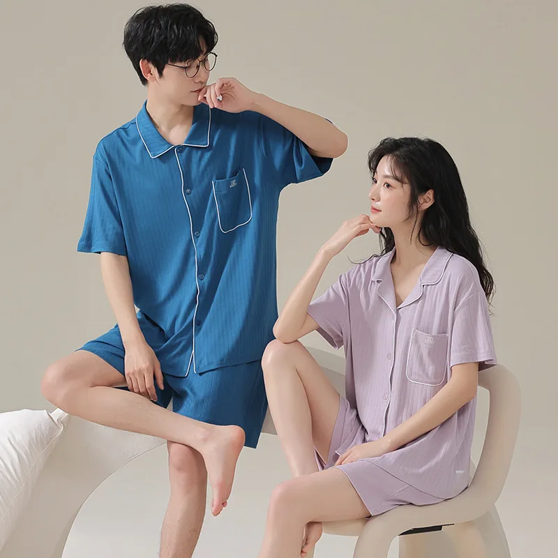 Couples Pajamas Set Cotton Short Sleeve Men's Summer Leisure Women 2023 New Simple Solid Color Soft Home Clothes Pijama Suit