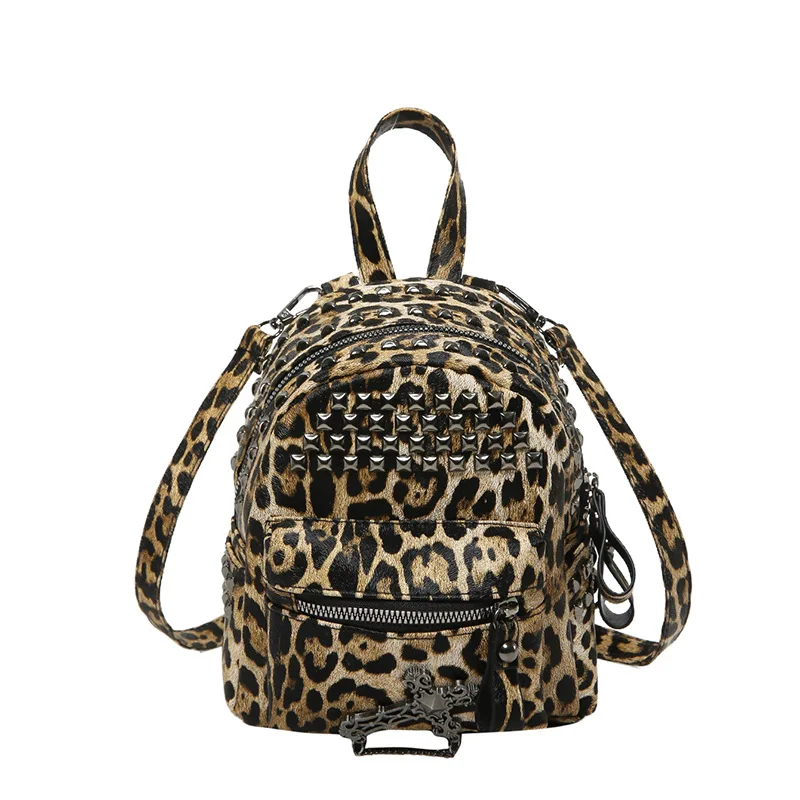 Women\'s Small Backpack Multi Pocket Rucksack For Punk Street Female Travel Fashion Leopard Handbag Student Shoulder Schoolbag