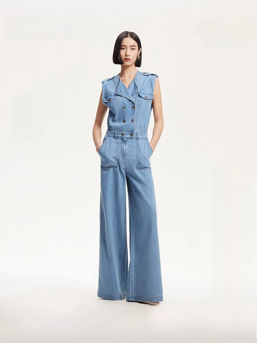 Combinaison en Denim taille haute décontractée pour femmes, Svel Lenzing, coupe cintrée, pantalon à jambes droites, confortable et respirante, combinaison d'été