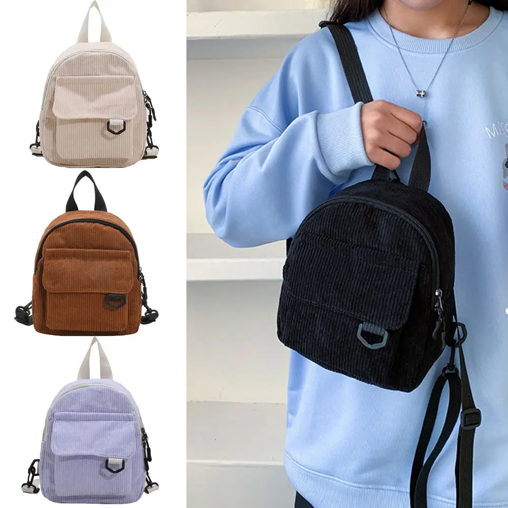 Solid Color Corduroy Traveling Handbags Backpacks Student Bookbags Women Mini Backpack