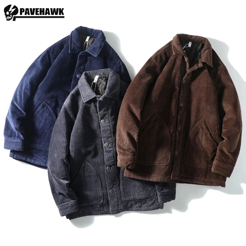 Japanese Retro Corduroy Men Winter Jacket Heavyweight Trendy Warm Thickened Aviator Coat Casual Loose Big Pocket Lapel Outwear