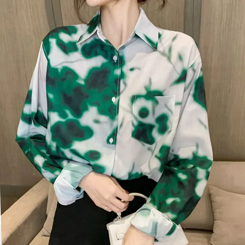 Blusa De gasa con cuello vuelto para Mujer, camisa De manga larga con estampado, moda, M180