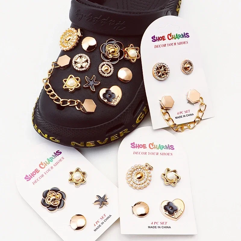 Luxury Gold Metal Shoe Charms Rhinestone Flower Star Chain Decorations Removable Clog Shoe Ornaments DIY Hole Shoe Accessories