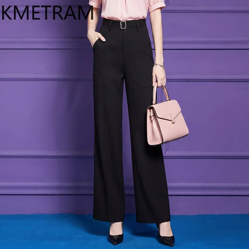 KMETRAM Elegant Wide Leg Pants for Woman High Waist Pants with Belt Office Casual Straight Trousers Summer Women Clothes 2026 바지