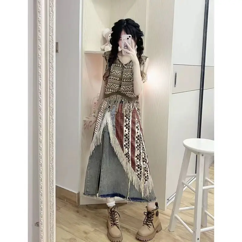 

Three-piece Suit Women's 2024 Summer New Bohemian Knitted Vest Vest Denim Skirt Matching Conjuntos De Falda Dress