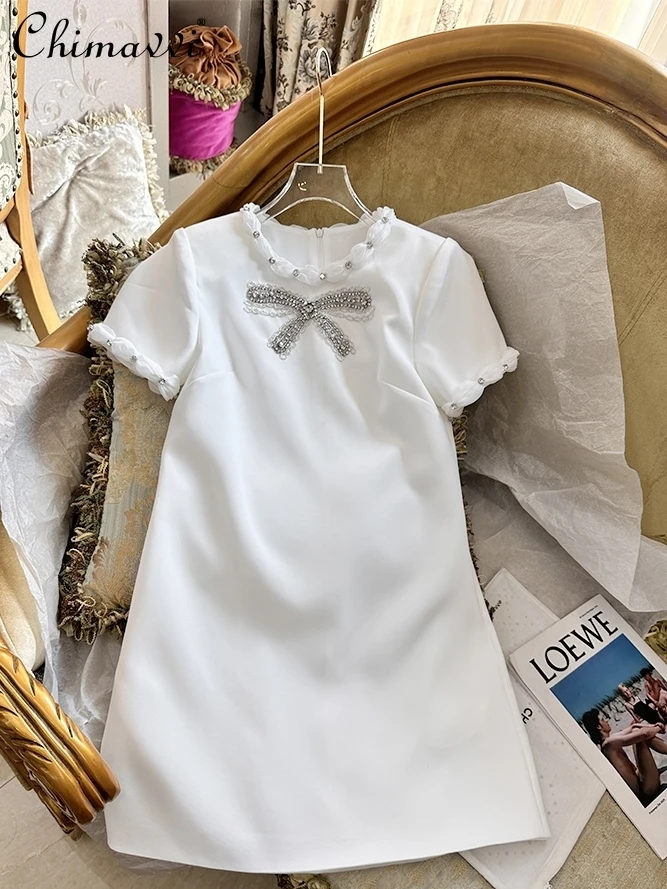 

2025 Summer New High-end Short-sleeved Loose Elegant Dress French Fashion Sweet Girl Crew Neck Bead Party White Dresses Women