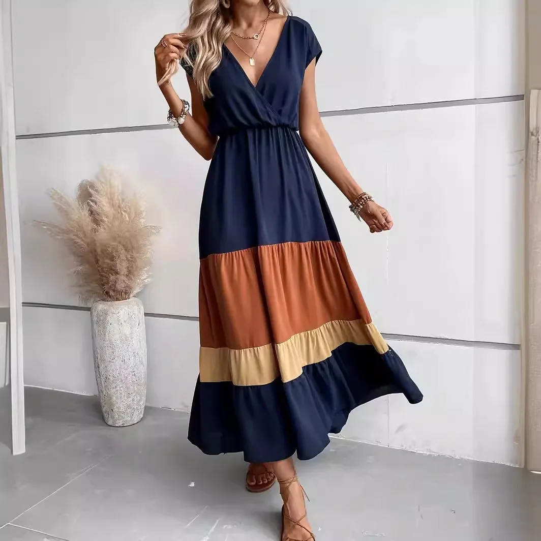 New Pleated Dress V-neck Pressed Color Matching Dress Casual Loose Waist Long Wide Dress