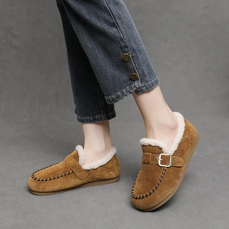 Retro Leather Velvet Women's Winter New Explosion Soft Sole One Pedal Warm Comfortable Doudou Cotton Single Loafers Flats