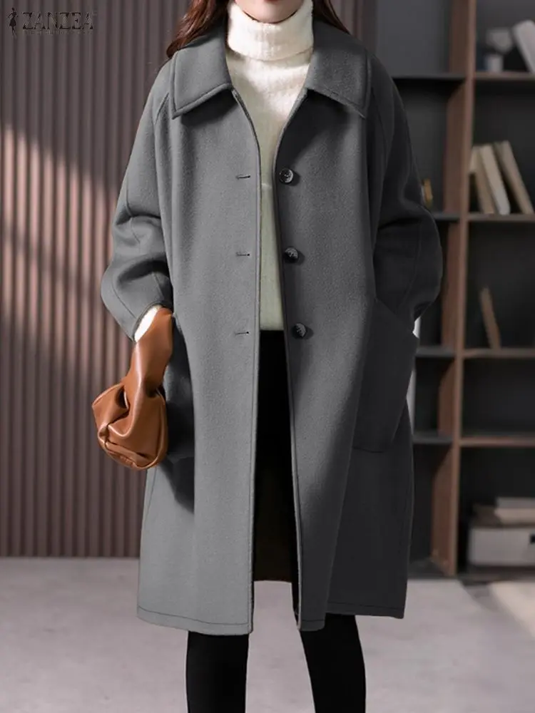 

ZANZEA 2025 Winter Woolen Fabric Trench Women's Autumn Trench Coats Stylish Solid Long Outwears Long Sleeve Buttons Down Jackets