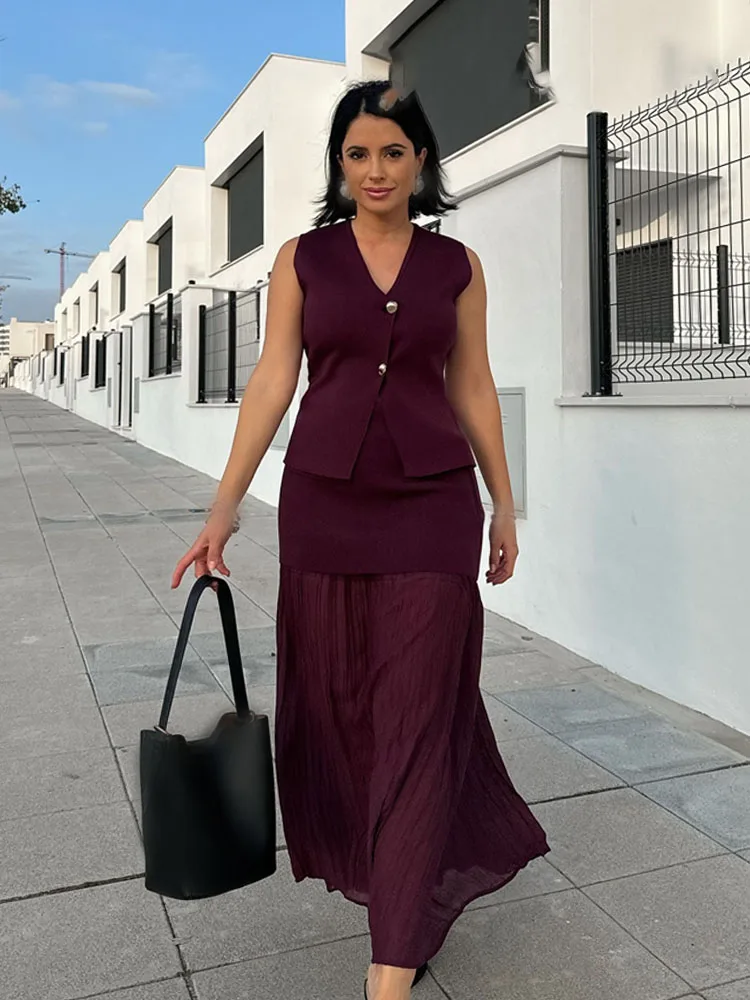 HH Femael Set V-Neck Sleeveless Single Breasted Knitted Vest+High Waist Side Zipper Splicing Skirts Women Fashion Suits