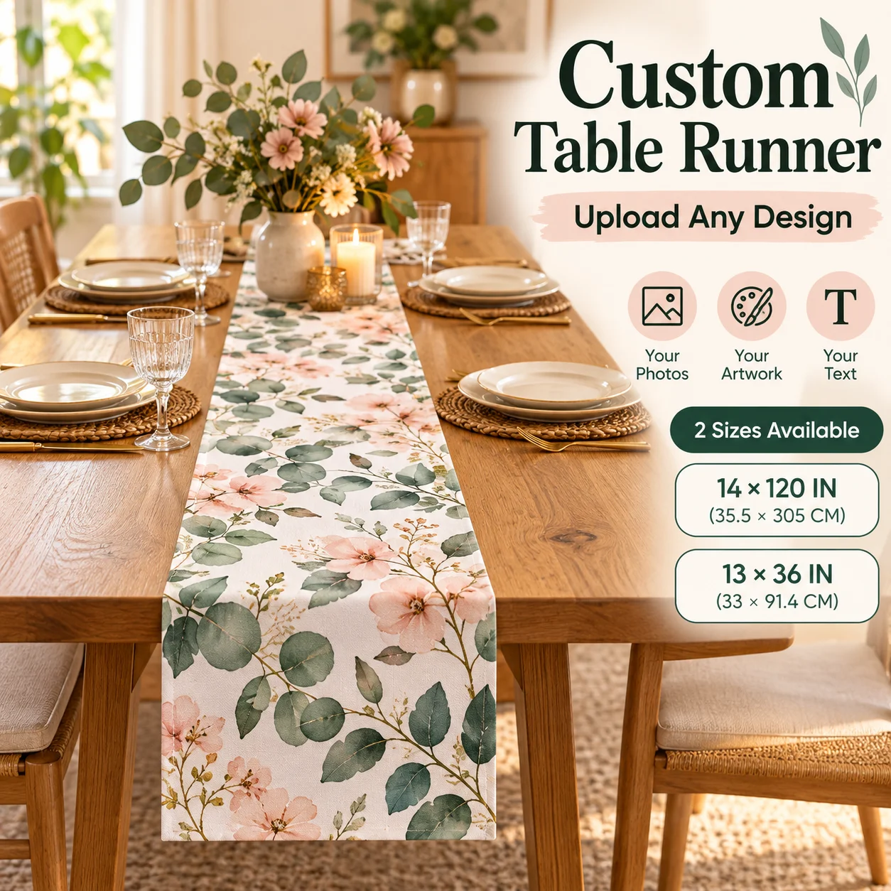 Custom Table Runner, Personalized Any Image Full Print, Waterproof Single Sided Table Flag for Wedding Home Party Decor