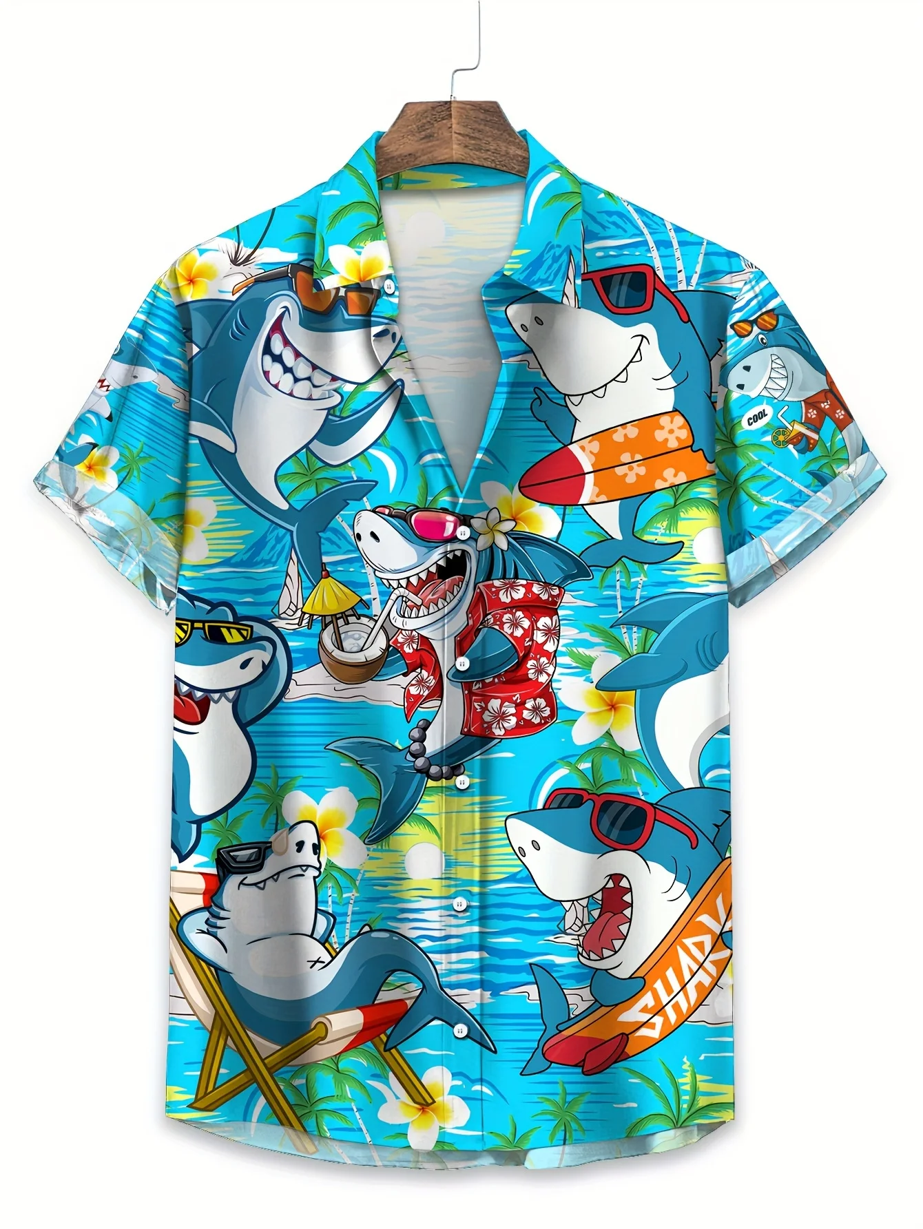 

3D Print Cartoon Shark Graphic Men's Shirt Summer Seaside Travel Short Sleeved Lapel Button Shirts Oversize Creative Design Tops