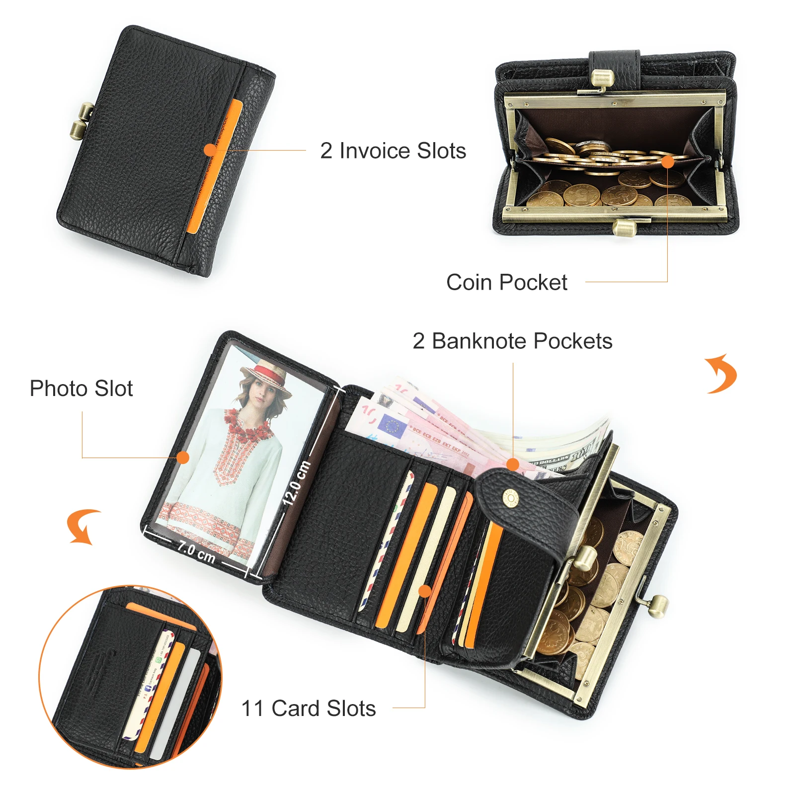 CONTACT'S  RFID Genuine Leather Women's wallets Metal Frame Card Holders Coin Purses Luxury Designer Women Card Holders