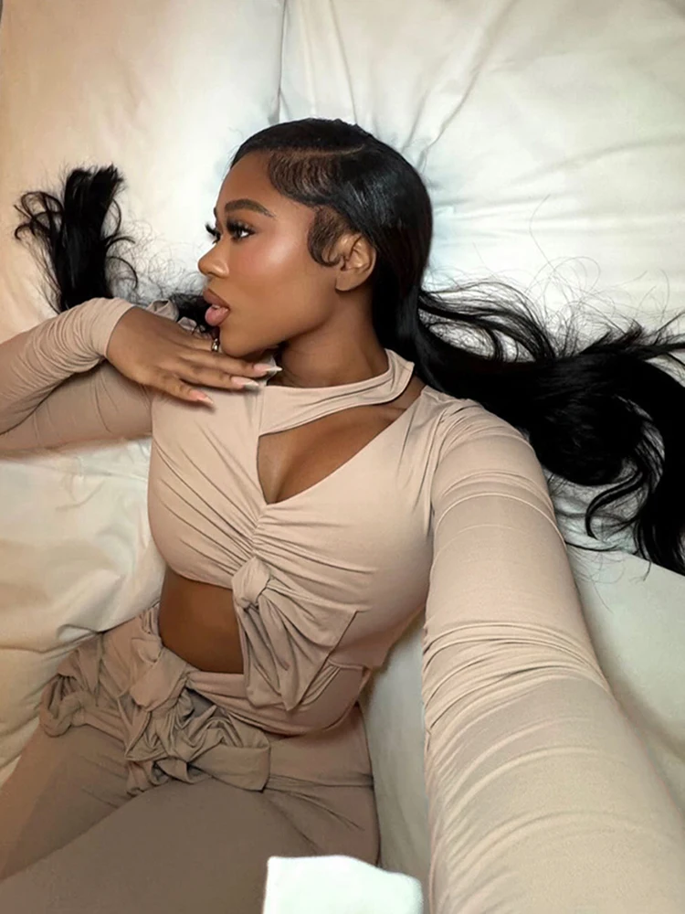 

Nibber для отдыха, бандажный комплект с кисточками, комплект из 2 предметов, женские укороченные топы с нерегулярным воротником и бантом + брюки с эластичной резинкой на талии, однотонные модные костюмы