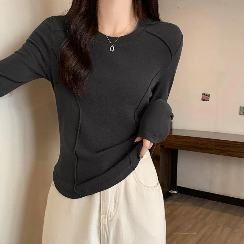 Damen Kurzes T-Shirt Herbst Einfarbig Rundhals Langarm-T-Shirt für Frauen Mädchen Studentinnen Neues Slim-Fit Langarm-T-Shirt – Detail 8