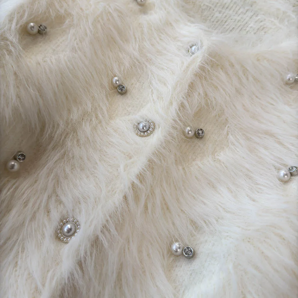 Pearl Button Studded Diamond Imitation Mink Wool Knitted Cardigan 2024 Autumn Winter Thick Sweater Short Jacket