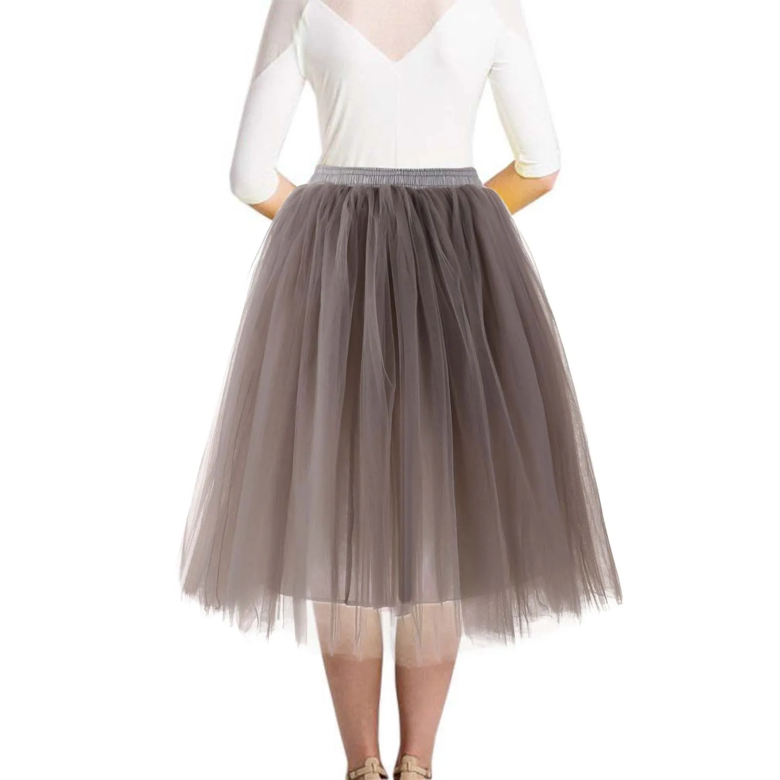 

Elastic High Waisted Stage Fluffy Skirt for Women Multi-Layer Mesh Knee Length Skirts Solid Color Performance Elegant Skirt