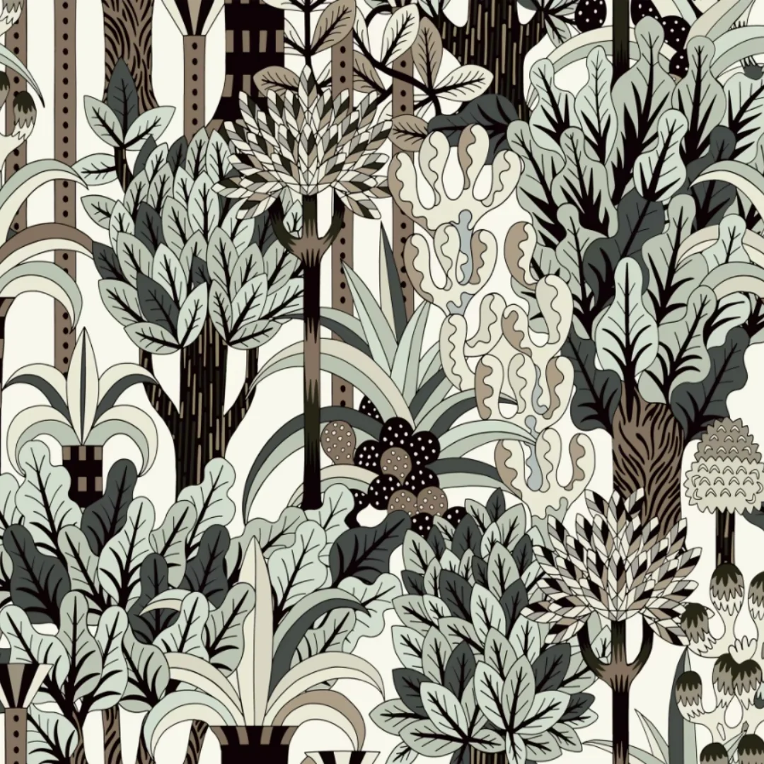 Custom sized mural with tropical plants and floral wallpaper covering the entire house, tiled with flowers on the walls mural