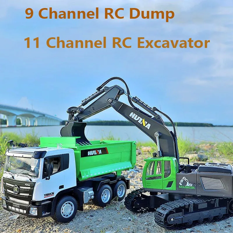 Huina New R/C Alloy Excavator Truck 11CH Radio Controlled Car Semi-Trailer Engineer Truck Lighting Toys Gift For Boys