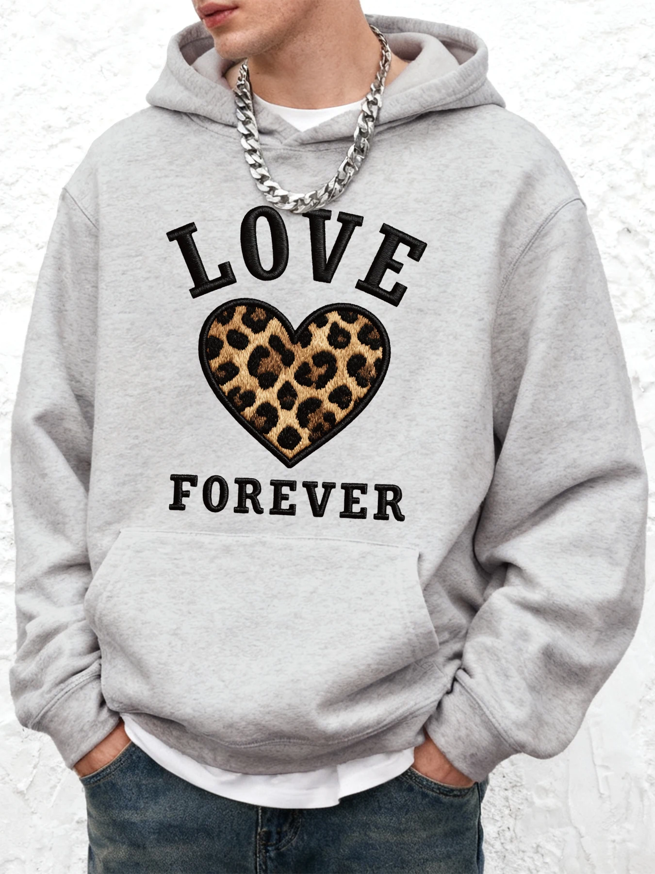 Męskie bluzy z kapturem z kreatywnym wzorem w panterkę, motywem miłości na zawsze, ciepłe, z kieszenią, luźne, codzienne ubrania sportowe z grubej bawełny.