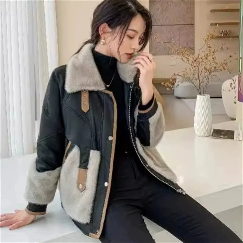 Fashion Faux Mink Fur Spliced Leather Jacket Women's Short Cotton-padded Coat Autumn Winter Thicken Warm Loose Outerwear Female
