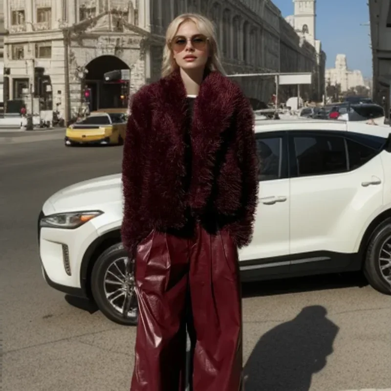 세련되고 우아한 푹신한 인조 모피 코트 여성 긴 소매 루즈핏 털 따뜻한 코트 2025 가을 겨울 하이 스트리트 아우터 ﻿