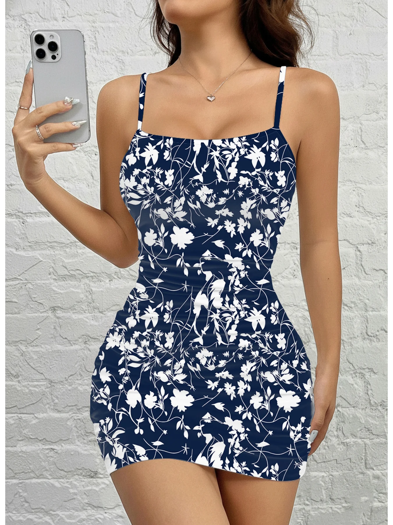 Damen Sommerkleid, Lässige Mode, Bequemes Blumenmuster, Quadratischer Ausschnitt, Ärmelloses Trägerkleid, Kurzer Rock