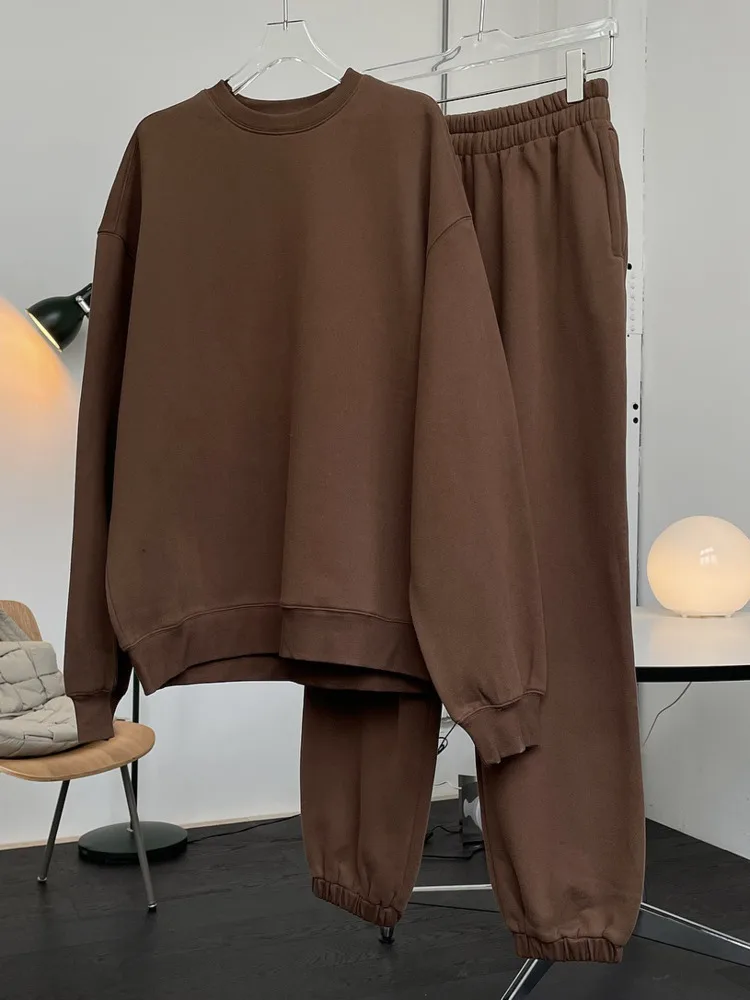 [LANMREM] Dickes Plüsch-Sweatshirt für Damen, Rundhalsausschnitt, lange Ärmel, einfarbig, lässig, locker, warm, weich, Pullover 2024, Winter