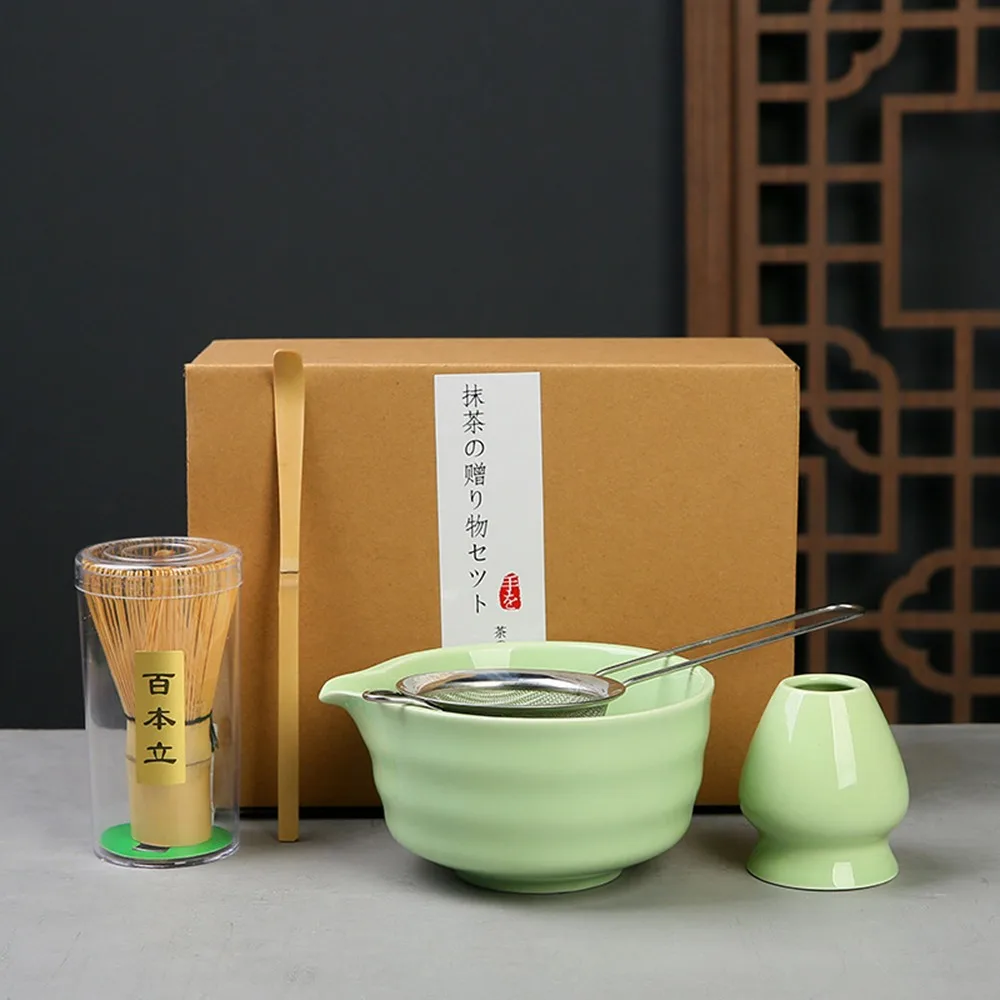 

5PCS Bamboo Ceramic Japanese Matcha Tea Set With Strainer Spoon Reusable Matcha Whisk Set Safe Food Grade Match Bowl Stirring