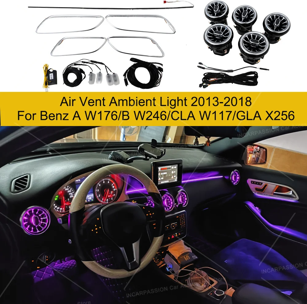 12 Kolorów Ambientowe Oświetlenie do Mercedes-Benz A/CLA/GLA W176 W117 W156 NTG4.5 / NTG5.0 LED Lampki Dekoracyjne do Kratki Wentylacyjnej Samochodu