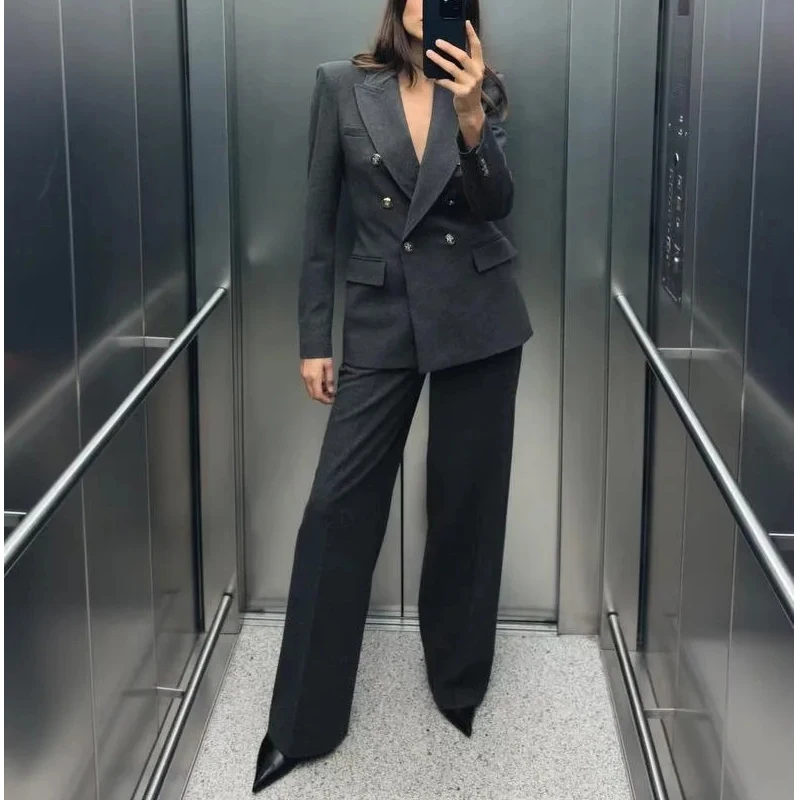 Nuovo Autunno Inverno delle Donne Pendolari Sle Lungo Sve oulder Pad Doppio Bottone Vestito Jaet Colletto Flip Slim Fit Cinese Made