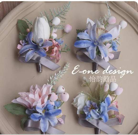 European pink and blue wedding corsage wrist flower bride groom bridesmaid groomsman parents