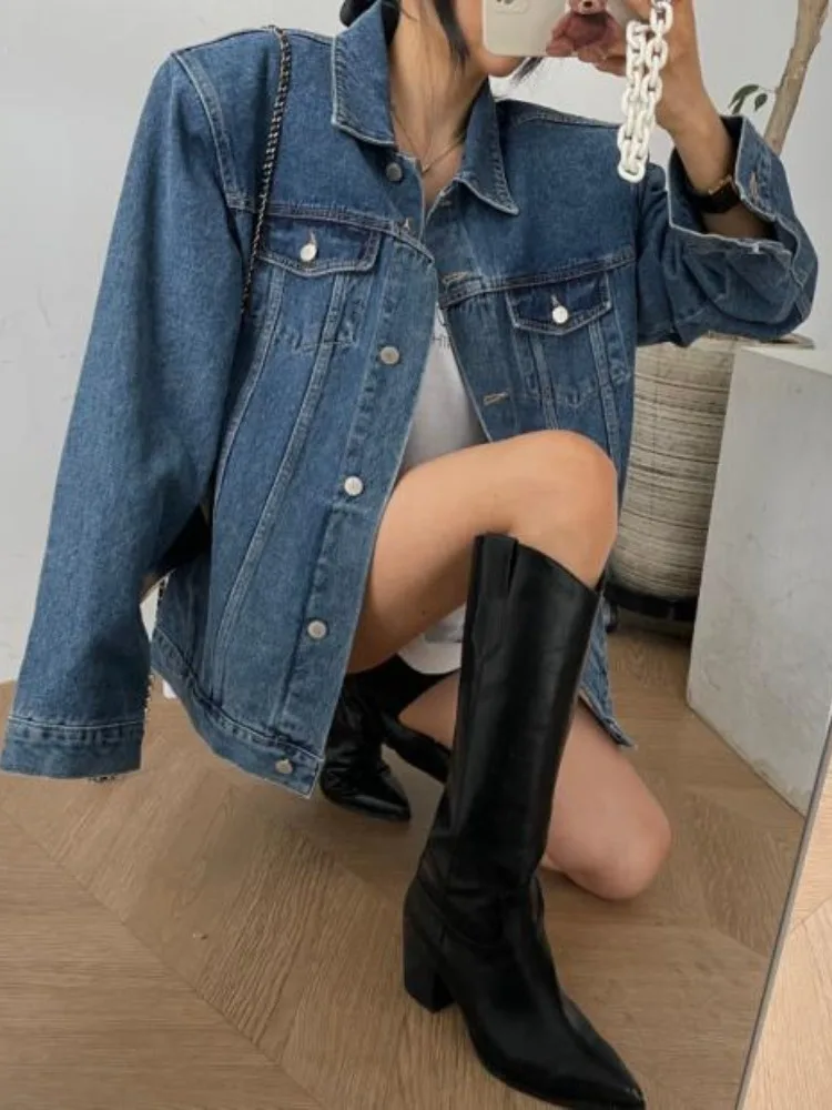 Retro Blue V-Neck Single Button Denim Jacket Autumn Good Match Soft Korean Style Women's Casual Outerwear for All Seasons