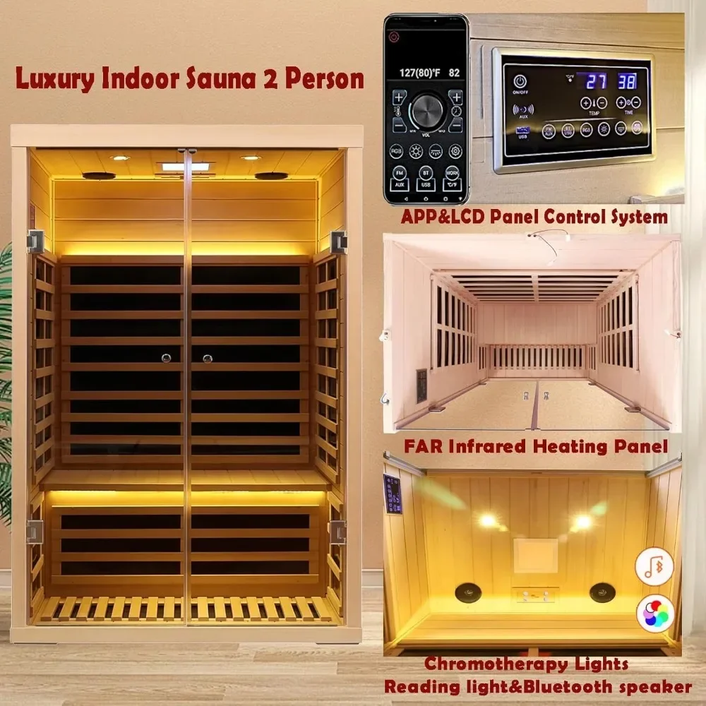 2 Person Low EMF Far Infrared Sauna, Tempered Glass Doors, 1780w, App & LCD Panel Control, Bluetooth Speakers, Home Indoor Sauna