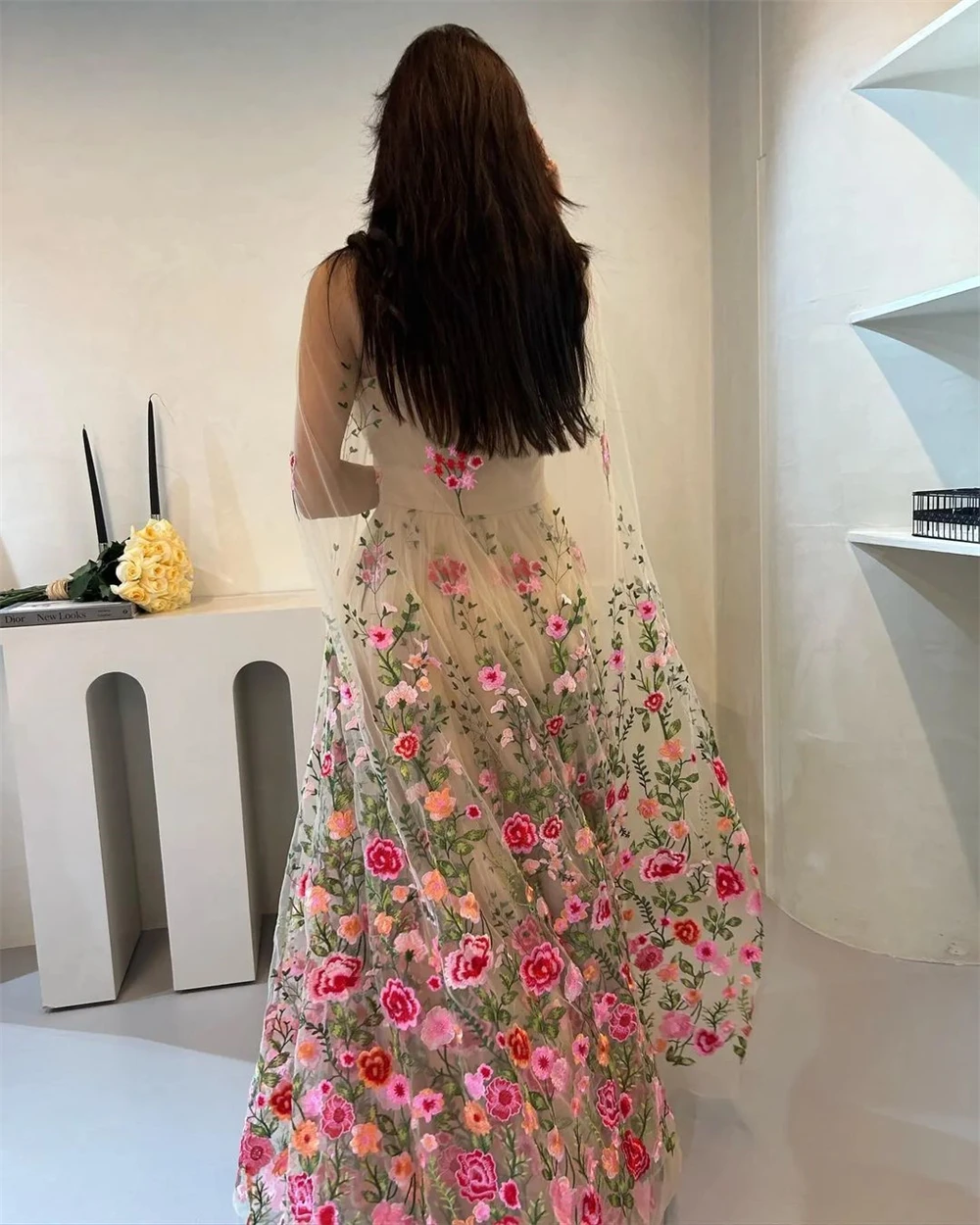  Fashion Halter Sheath Celebrity  Flowers Tulle Chiffon Occasion Evening Gown party dress women elegant luxury