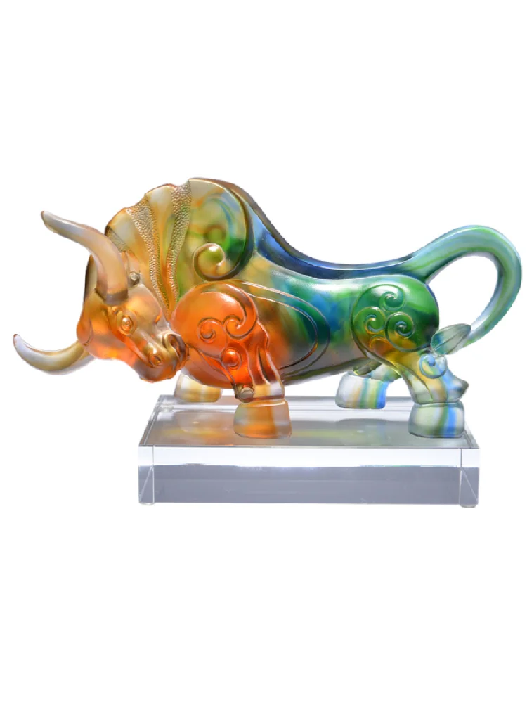 Bull Statue Chinese Liu Li Feng Shui Ornament Office Home Table Decor