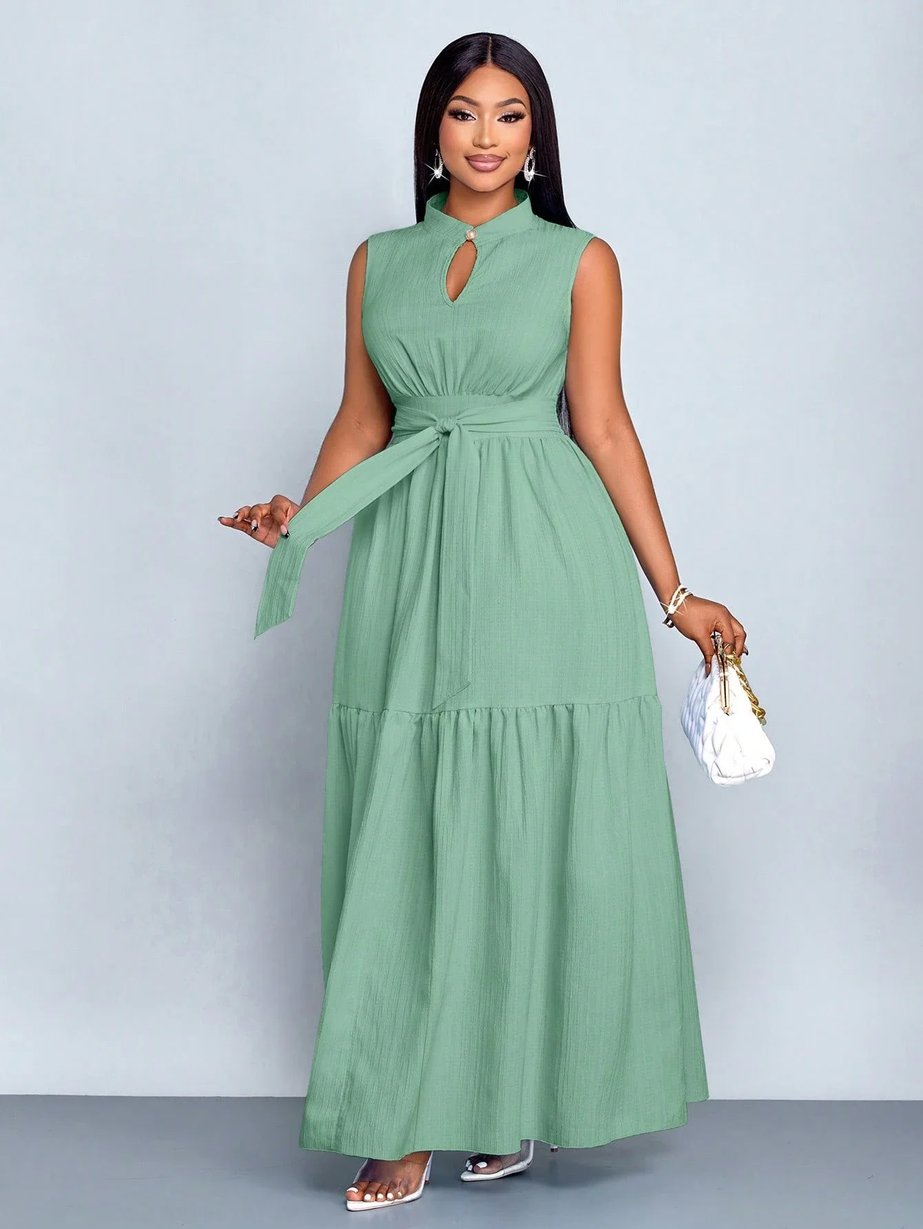 

Sleeveless High Neck Keyhole Maxi Dress With Waist Tie Knot, Tiered Skirt, Plus Size Womens Elegant Casual Summer Dress