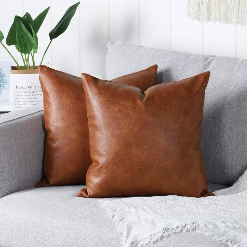 Faux Leather Throw Pillow Covers 18x18 Inch Set of 2 Thick Brown Decorative Square Pillow Cases for Sofa Couch Bed Living
