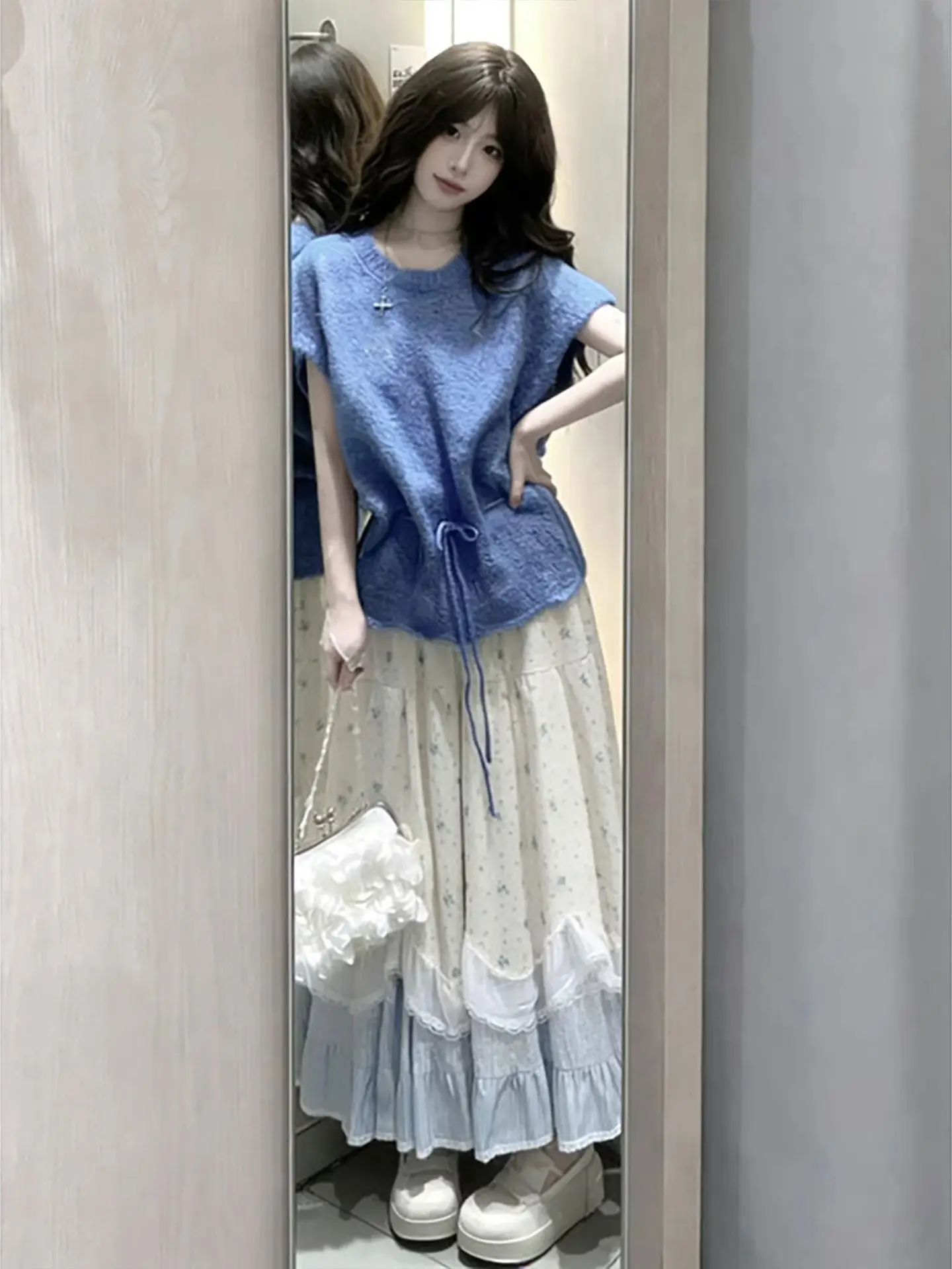 Sweet Lace Splice Summer Knitted Short Sleeve Top And Skirt Set Multi-Layer Tulle Long Dress Blue High Waist Cake Skirt