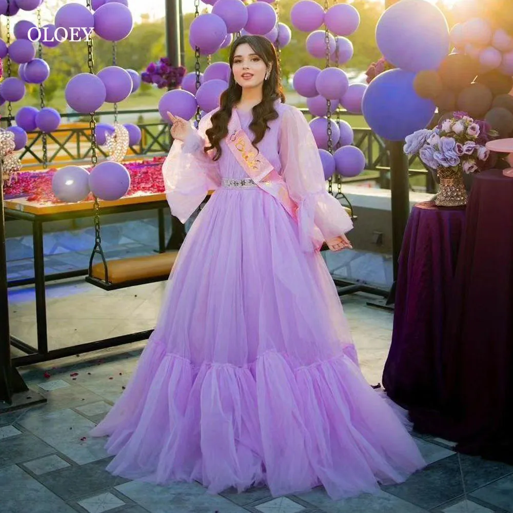 

OLOEY Fairy Lavender Tulle Evening Dresses Dubai Arabic Women Puff Long Sleeves Birthday Party Formal Dress Pageant Gowns