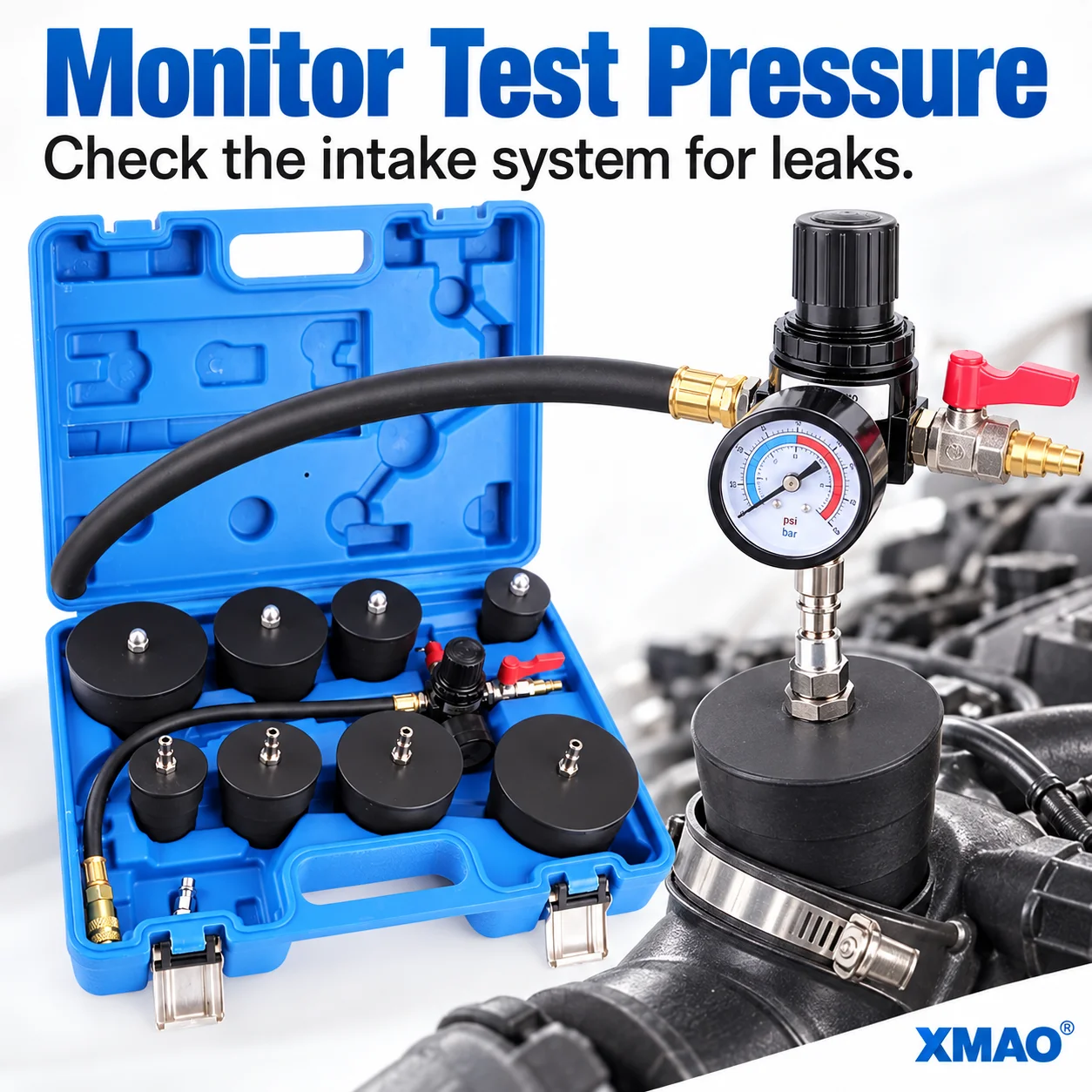 9 Pcs Turbo Boost Leak Tester Kit with Pressure Gauge and Rubber Plugs, Air Intake System Pressure Test Tool for Car Diagnostics